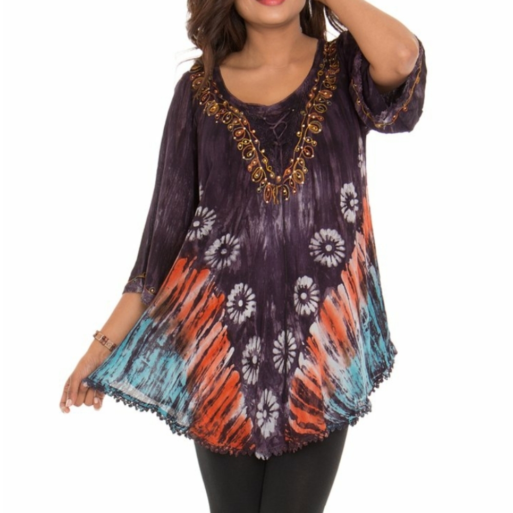 🆕 Boho Flower Tie-Dye Tie-Neck Bell-Sleeve Tunic